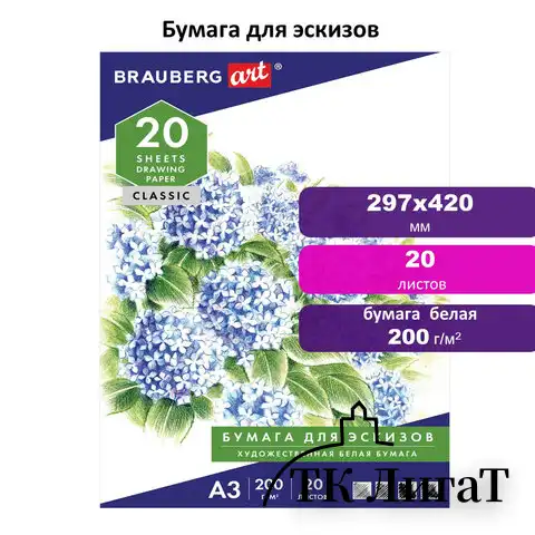 Папка для рисования БОЛЬШОГО ФОРМАТА А3, 20 л., 200 г/м2, BRAUBERG, 297х420 мм, 129224