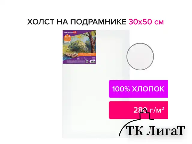 Холст на подрамнике BRAUBERG ART DEBUT, 30х50см, 280 г/м2, грунт, 100% хлопок, мелкое зерно, 191643