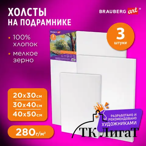 Холсты на подрамнике BRAUBERG ART DEBUT, НАБОР 3шт, 280г/м, грунт, 100% хлопок, мелкое зерно, 191649