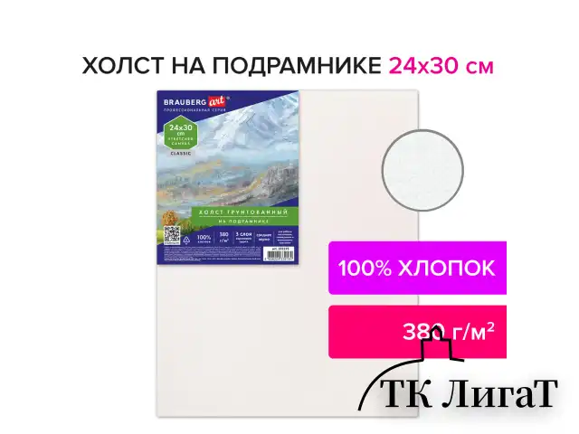 Холст на подрамнике 24х30 см, 380 г/м2, грунтованный, 100% хлопок, BRAUBERG ART, 192195