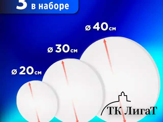 Холсты на подрамнике 3 шт., круглые 20, 30, 40 см, грунтованные, 380 г/м2, 100% хлопок, BRAUBERG ART, 192330