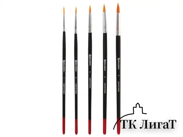 Кисти BRAUBERG, набор 5 шт. (синтетика, круглые № 1, 2, 3, 4, 5), блистер, 200218
