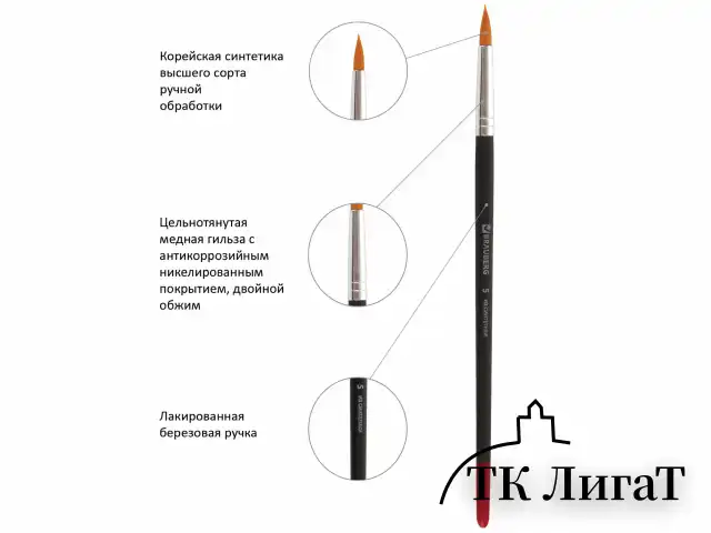 Кисти BRAUBERG, набор 5 шт. (синтетика, круглые № 1, 2, 5, плоские № 5, 8), блистер, 200219