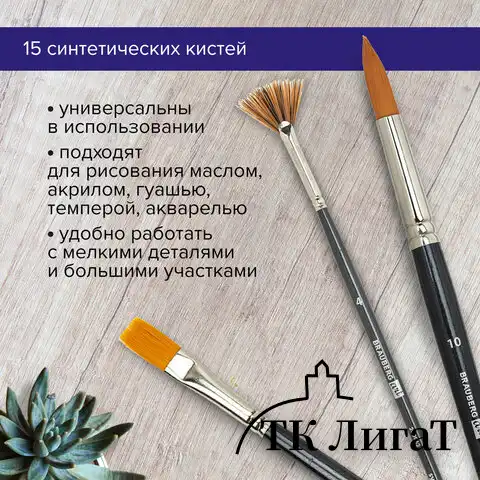 Кисти художественные набор 15 шт., синтетика, BRAUBERG ART CLASSIC, 200962