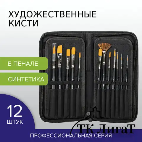 Кисти художественные набор 12 шт. в черном пенале, синтетика, BRAUBERG ART CLASSIC, № 0-14 + веерная, 200966