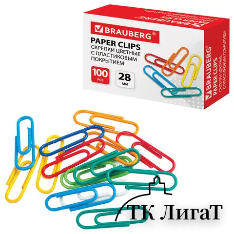 Скрепки BRAUBERG, 28 мм, цветные, 100 шт., в картонной коробке, Россия, 220555