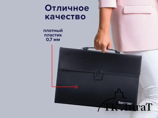 Папка-портфель пластиковая BRAUBERG А4+ (390х260х40 мм), 3 отделения, фактура линейная, черная, 221389