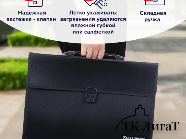 Папка-портфель пластиковая BRAUBERG А4+ (390х260х40 мм), 3 отделения, фактура линейная, черная, 221389