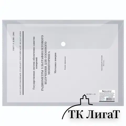 Папка-конверт с кнопкой BRAUBERG, А4, до 100 листов, прозрачная, 0,15 мм, 221638