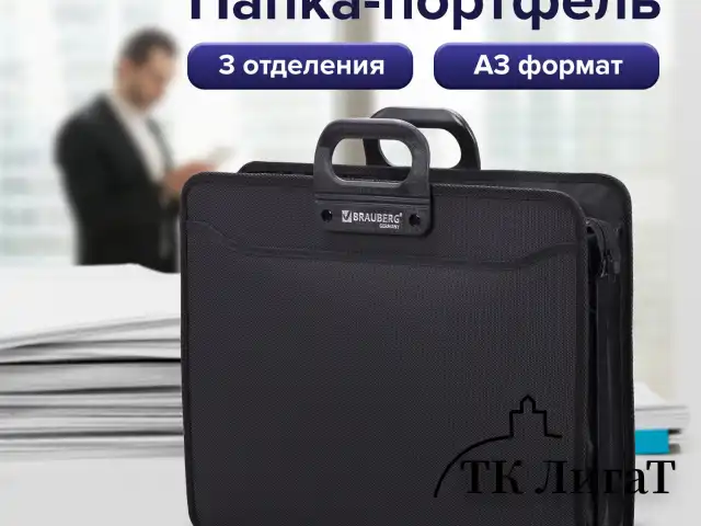 Папка-портфель пластиковая БОЛЬШОГО ФОРМАТА BRAUBERG "ПОРТФОЛИО" А3 (470х380х130 мм), 3 отделения, черная, 223081