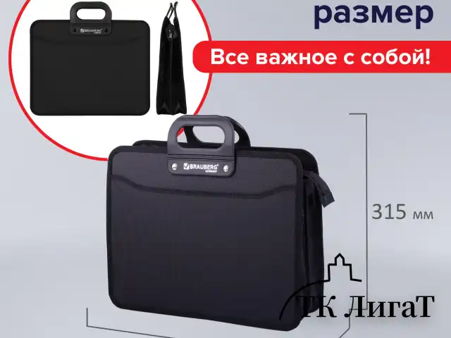 Папка-портфель пластиковая BRAUBERG "ПРЕМЬЕР" А4 (390х315х120 мм) 3 отделения, фактура "бисер", черная, 223082