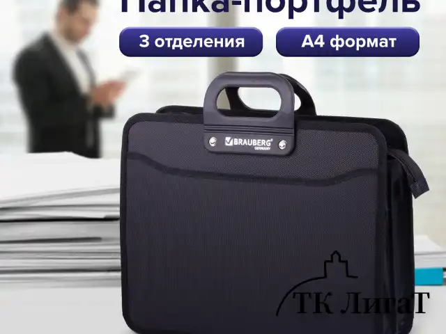 Папка-портфель пластиковая BRAUBERG "ПРЕМЬЕР" А4 (390х315х120 мм) 3 отделения, фактура "бисер", черная, 223082