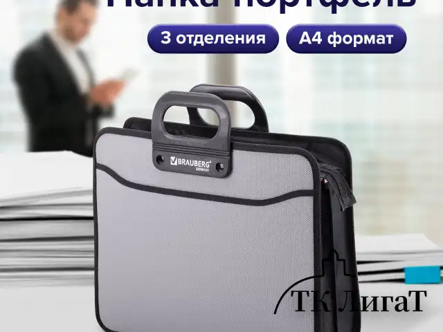 Папка-портфель пластиковая BRAUBERG ПРЕМЬЕР А4 (390х315х120 мм), 3 отделения, фактура "бисер", серая, 223083