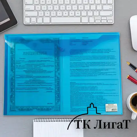 Папка-конверт с кнопкой БОЛЬШОГО ФОРМАТА (305х435 мм), А3, прозрачная, синяя, 0,18 мм, BRAUBERG, 224034