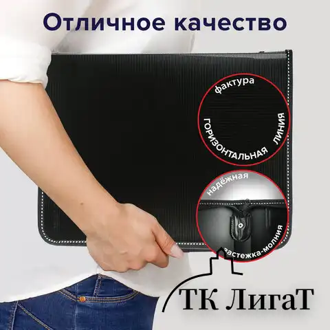 Папка на молнии пластиковая BRAUBERG "Contract", А4, 335х242 мм, внутренний карман, черная, 225162