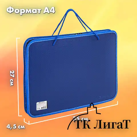 Папка на молнии пластиковая с ручками BRAUBERG, А4, 350х270х45 мм, фактура бисер, синяя, 225163