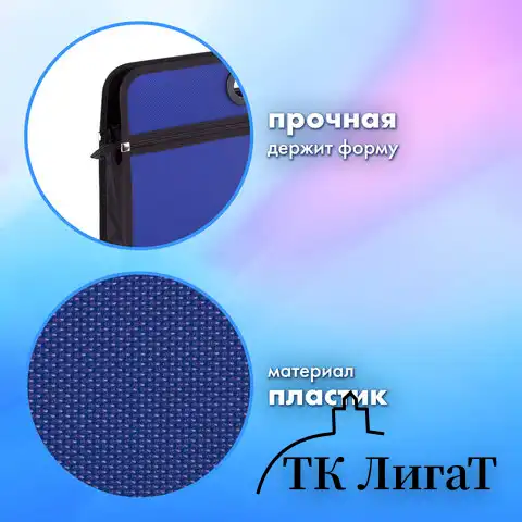 Сумка пластиковая BRAUBERG, А4+, 390х315х70 мм, на молнии, внешний карман, фактура бисер, синяя, 225167