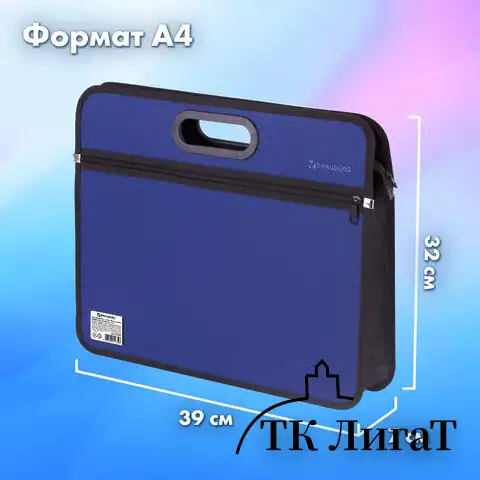 Сумка пластиковая BRAUBERG, А4+, 390х315х70 мм, на молнии, внешний карман, фактура бисер, синяя, 225167