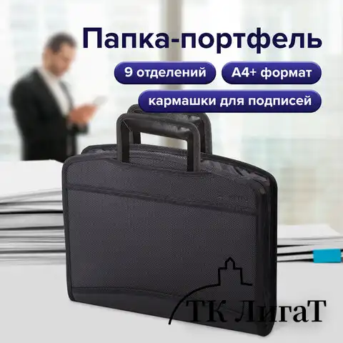 Папка-портфель пластиковая BRAUBERG А4+ (355х290х60 мм), выдвижные ручки, 9 отделений, 1 карман, черная, 225168