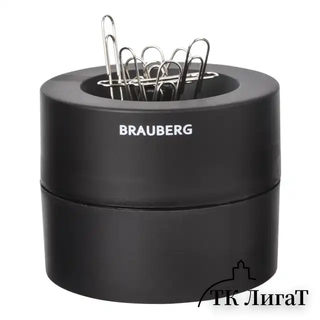 Скрепочница магнитная BRAUBERG с 30 скрепками, большой бочонок, черная, 225191