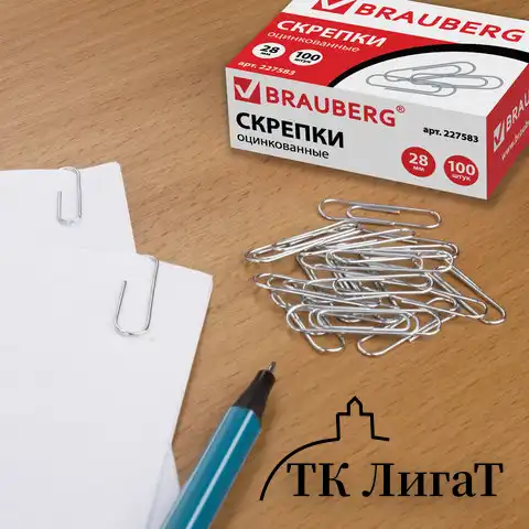 Скрепки BRAUBERG, 28 мм, оцинкованные, 100 шт., в картонной коробке, 227583