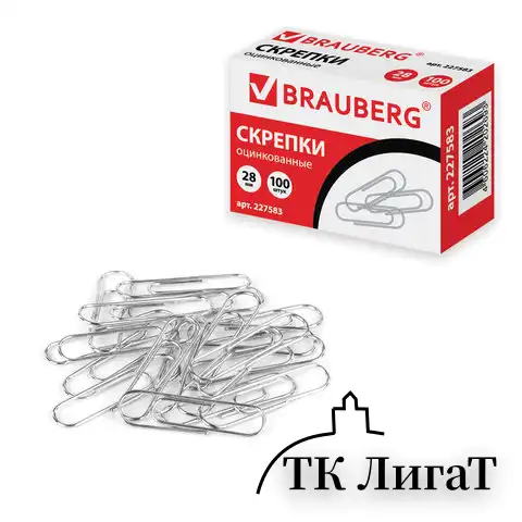 Скрепки BRAUBERG, 28 мм, оцинкованные, 100 шт., в картонной коробке, 227583