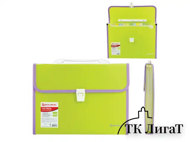Папка-портфель пластиковая BRAUBERG "JOY", А4 (330х245х35 мм), 13 отделений, с окантовкой, салатовая, 227974