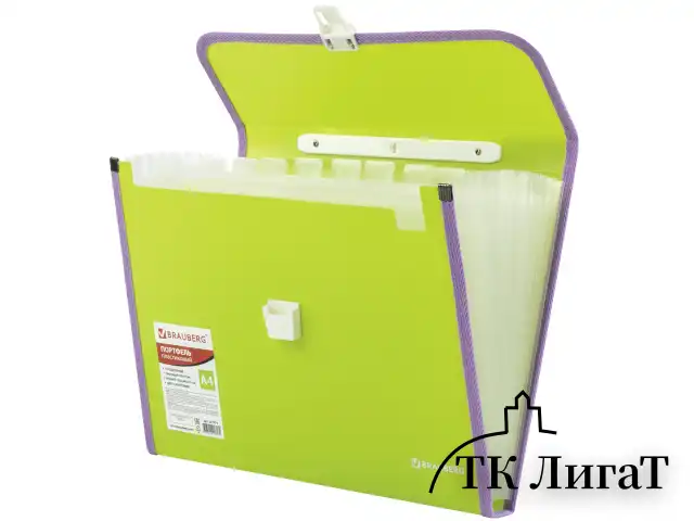 Папка-портфель пластиковая BRAUBERG "JOY", А4 (330х245х35 мм), 13 отделений, с окантовкой, салатовая, 227974