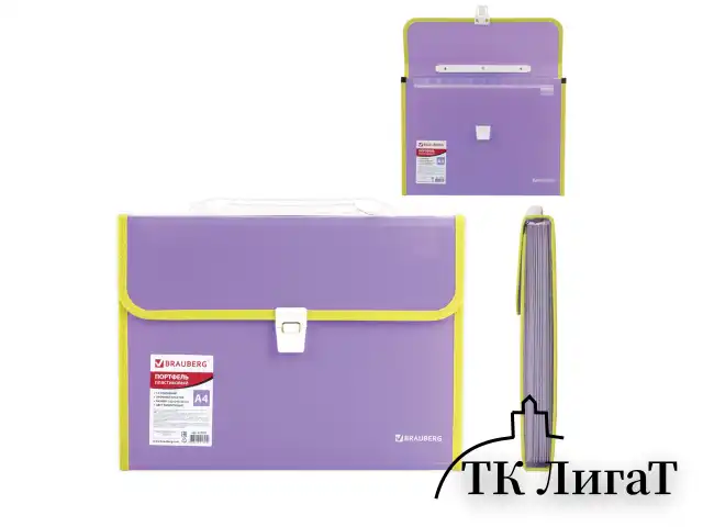 Папка-портфель пластиковая BRAUBERG "JOY", А4 (330х245х35 мм), 13 отделений, с окантовкой, фиолетовая, 227977