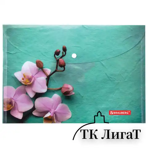 Папка-конверт с кнопкой BRAUBERG "FLOWER", А4, 160 мкм, до 100 листов, цветная печать, 228031