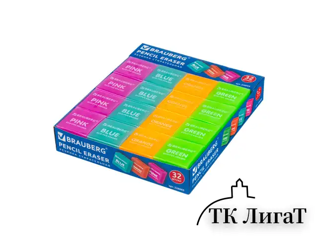 Ластик BRAUBERG "E-Color", 28х28х12 мм, цвет НЕОН ассорти, экологичный ПВХ, 228065