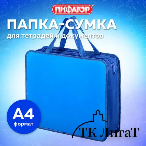 Папка на молнии с ручками ПИФАГОР, А4, пластик, молния сверху, однотонная синяя, 228233