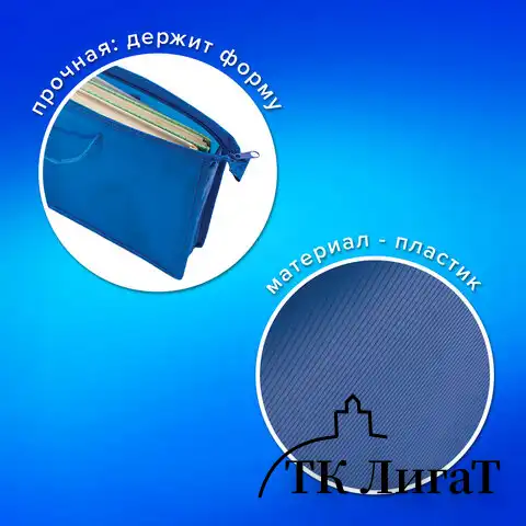 Папка на молнии с ручками ПИФАГОР, А4, пластик, молния сверху, однотонная синяя, 228235