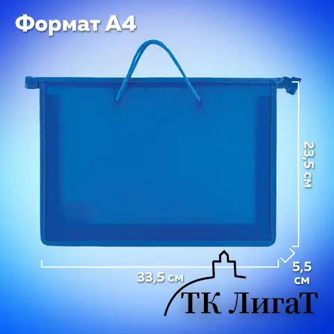 Папка на молнии с ручками ПИФАГОР, А4, пластик, молния сверху, однотонная синяя, 228235