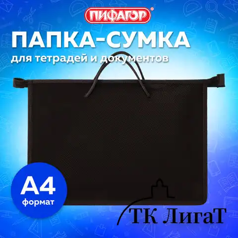 Папка на молнии с ручками ПИФАГОР, А4, пластик, молния сверху, однотонная черная, 228236