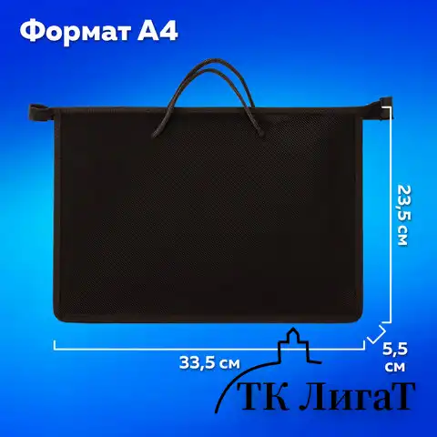 Папка на молнии с ручками ПИФАГОР, А4, пластик, молния сверху, однотонная черная, 228236
