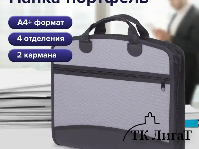 Папка-портфель пластиковая BRAUBERG А4+ (375х305х60 мм), 4 отделения, 2 кармана, серая, 228685