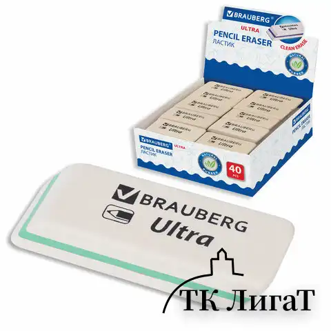 Ластик BRAUBERG "Ultra", 50х14х8 мм, белый, детали ассорти, натуральный каучук, 228704