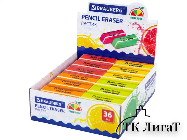 Ластик большой BRAUBERG "Fresh Zone", 60х18х12 мм, цвет ассорти, прямоугольный, скошенный, 228717