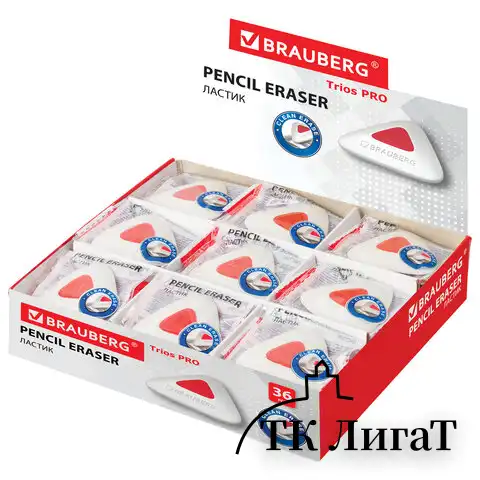 Ластик BRAUBERG "Trios PRO", 36х36х9 мм, белый, треугольный, красный пластиковый держатель, 229559