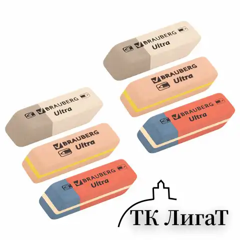 Ластики BRAUBERG "Ultra Mix" 6 шт., размер ластика 41х14х8 мм, ассорти, натуральный каучук, 229602