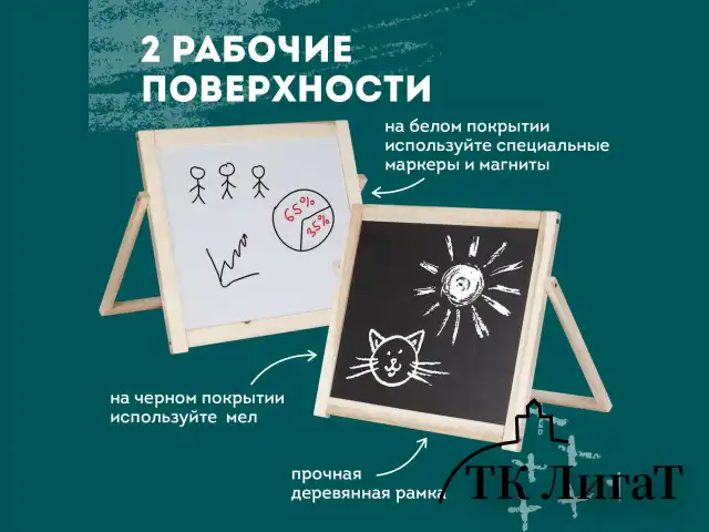 Доска двустороняя для мела и маркеров (35х41 см), настольная, подставка, черная/белая, ПИФАГОР, 236888