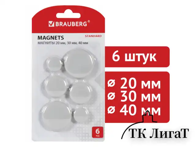 Магниты BRAUBERG "STANDARD", НАБОР 20 мм - 2 шт., 30 мм - 2 шт., 40 мм - 2 шт., серые, BRAUBERG, 237473