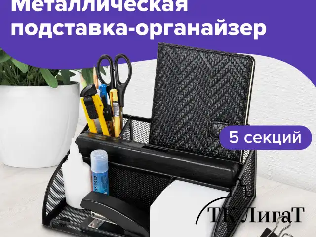 Подставка-органайзер BRAUBERG "Germanium", 5 секций, 255х180х105 мм, металл, черная, 237973