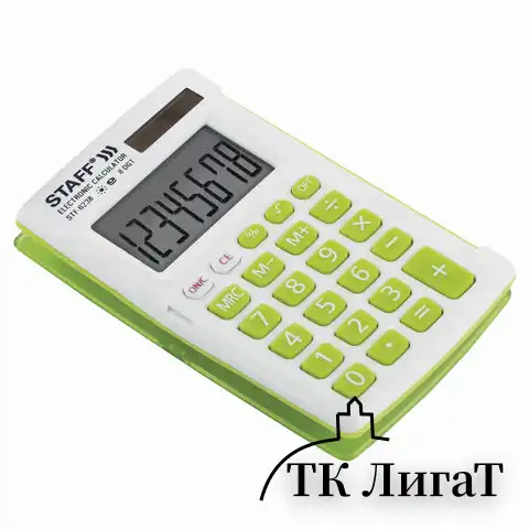 Калькулятор карманный STAFF STF-6238 (104х63 мм), 8 разядов, двойное питание, БЕЛЫЙ С ЗЕЛЁНЫМИ КНОПКАМИ, блистер, 250283