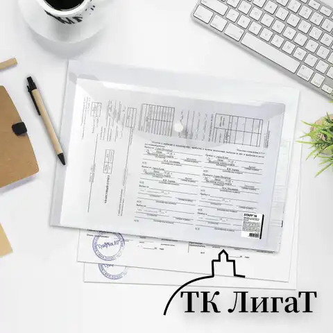 Папка-конверт с кнопкой STAFF, А4, до 100 листов, прозрачная, 0,15 мм, 270467