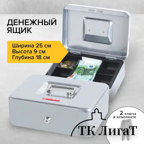 Ящик для денег, ценностей, документов, печатей, 90х180х250 мм, ключевой замок, серебристый, BRAUBERG, 291059