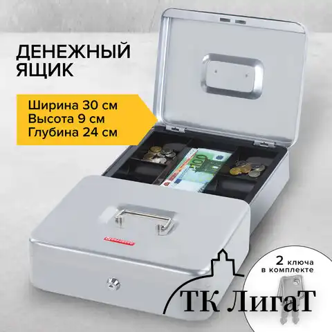 Ящик для денег, ценностей, документов, печатей, 90х240х300 мм, ключевой замок, серебристый, BRAUBERG, 291060