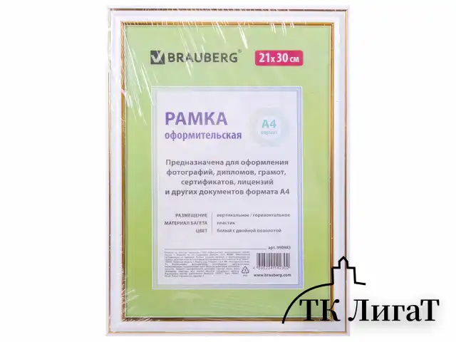 Рамка 21х30 см, пластик, багет 20 мм, BRAUBERG "HIT3", белая с двойной позолотой, стекло, 390983