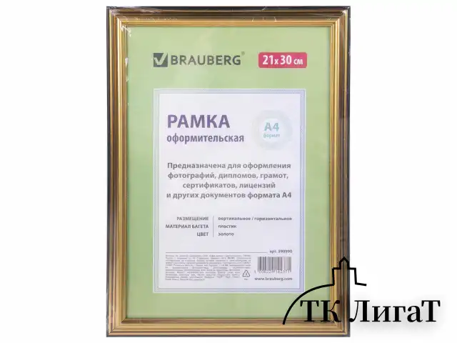 Рамка 21х30 см, пластик, багет 20 мм, BRAUBERG "HIT3", золото, стекло, 390990